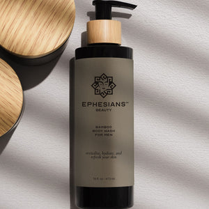 Bottle of Ephesians Beauty bamboo body wash on a neutral background
